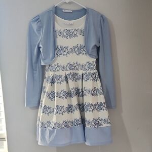 Girls Knit Works Blue and White Floral Dress with Shrug Size 10